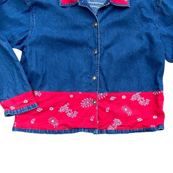 Vintage Denim Patchwork Red Bandana Jean Jacket Western Cowgirl Paisley Rodeo-XL - Picture 5 of 15